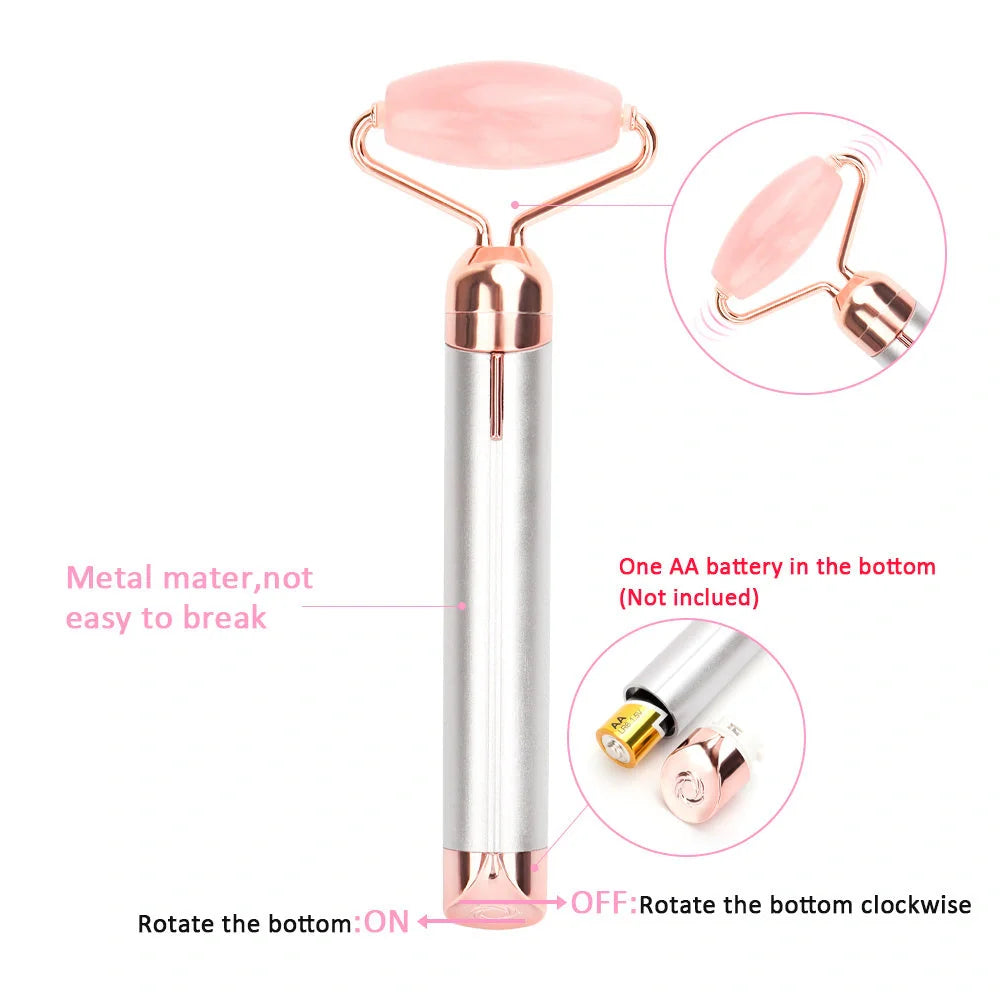 Electric Vibrating Natural Rose Quartz Jade Facial Roller with dual attachments for skincare