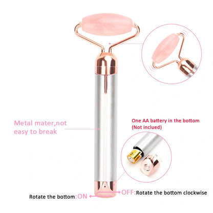 Electric Vibrating Natural Rose Quartz Jade Facial Roller with dual attachments for skincare