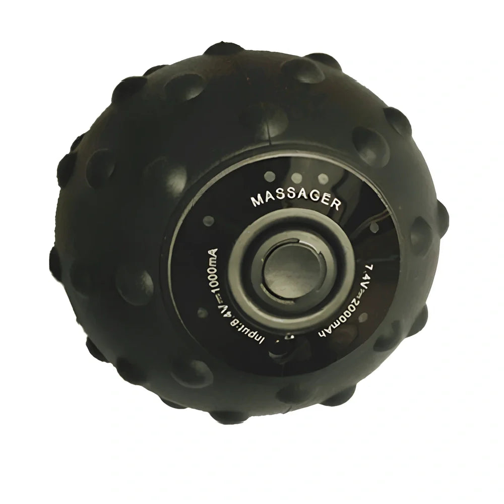 Black vibration massage ball with silicone exterior and four intensity settings for muscle treatment