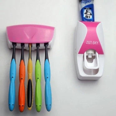 Automatic toothpaste squeezer and toothbrush holder set in durable plastic