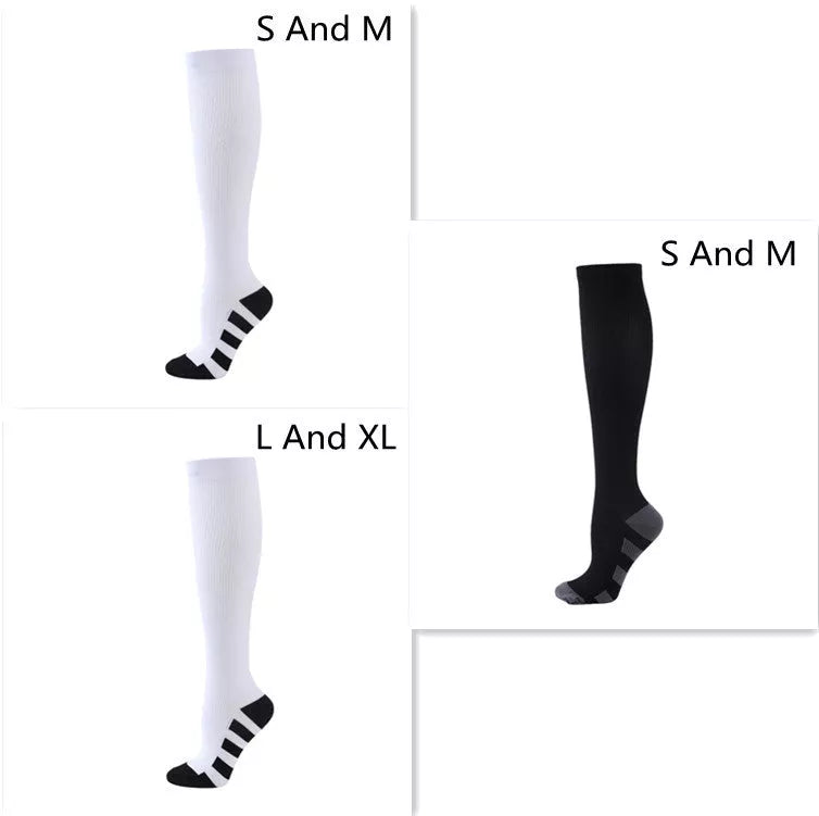 Athletic compression socks with three-bar design in black, pink, and white