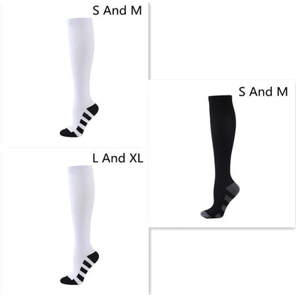 Athletic compression socks with three-bar design in black, pink, and white