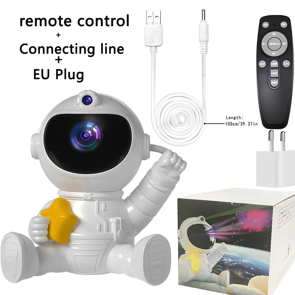Astronaut-shaped projection lamp with starry display showing seven colour options and remote control