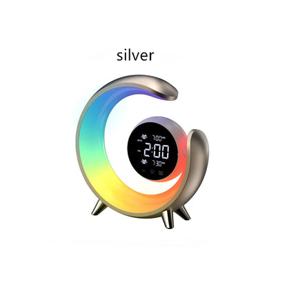 White noise dual alarm clock with heart shape, RGB display, and touch controls measuring 220x65x225mm