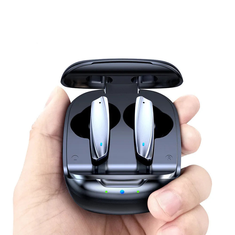 Black and white TWS Bluetooth headphones with USB charging case showing wireless earbuds