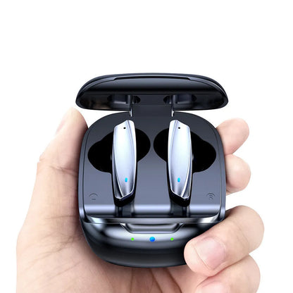 Black and white TWS Bluetooth headphones with USB charging case showing wireless earbuds