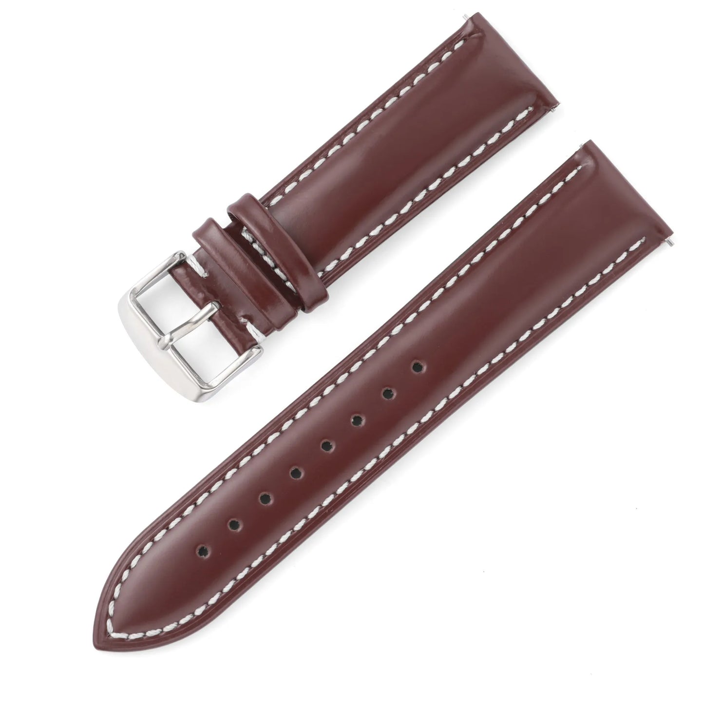 Quick release leather watch strap in bright cowhide, showing colour options and width sizes from 18mm to 22mm