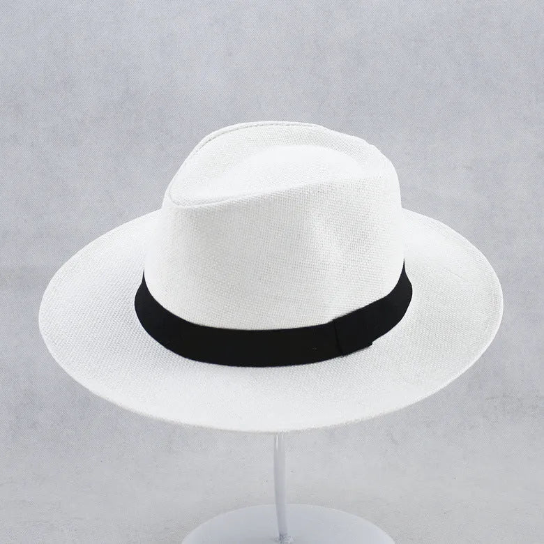 Men's wide brim flat top sun hat in beige colour with a paper fabric construction.