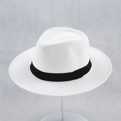 Men's wide brim flat top sun hat in beige colour with a paper fabric construction.