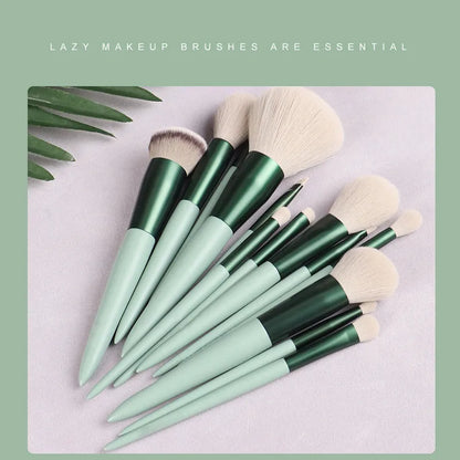 Green 13-piece makeup brush set with fibre wool bristles, metal aluminium ferrules and solid wood handles