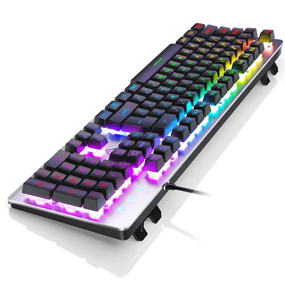 K002 metal gaming keyboard with rainbow backlighting and 104-key layout showing USB connection