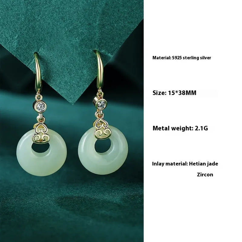 Chinese style Hetian jade and 925 sterling silver jewellery set with bracelet, necklace, and earrings.