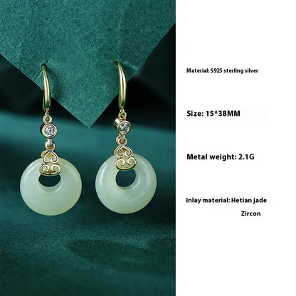 Chinese style Hetian jade and 925 sterling silver jewellery set with bracelet, necklace, and earrings.