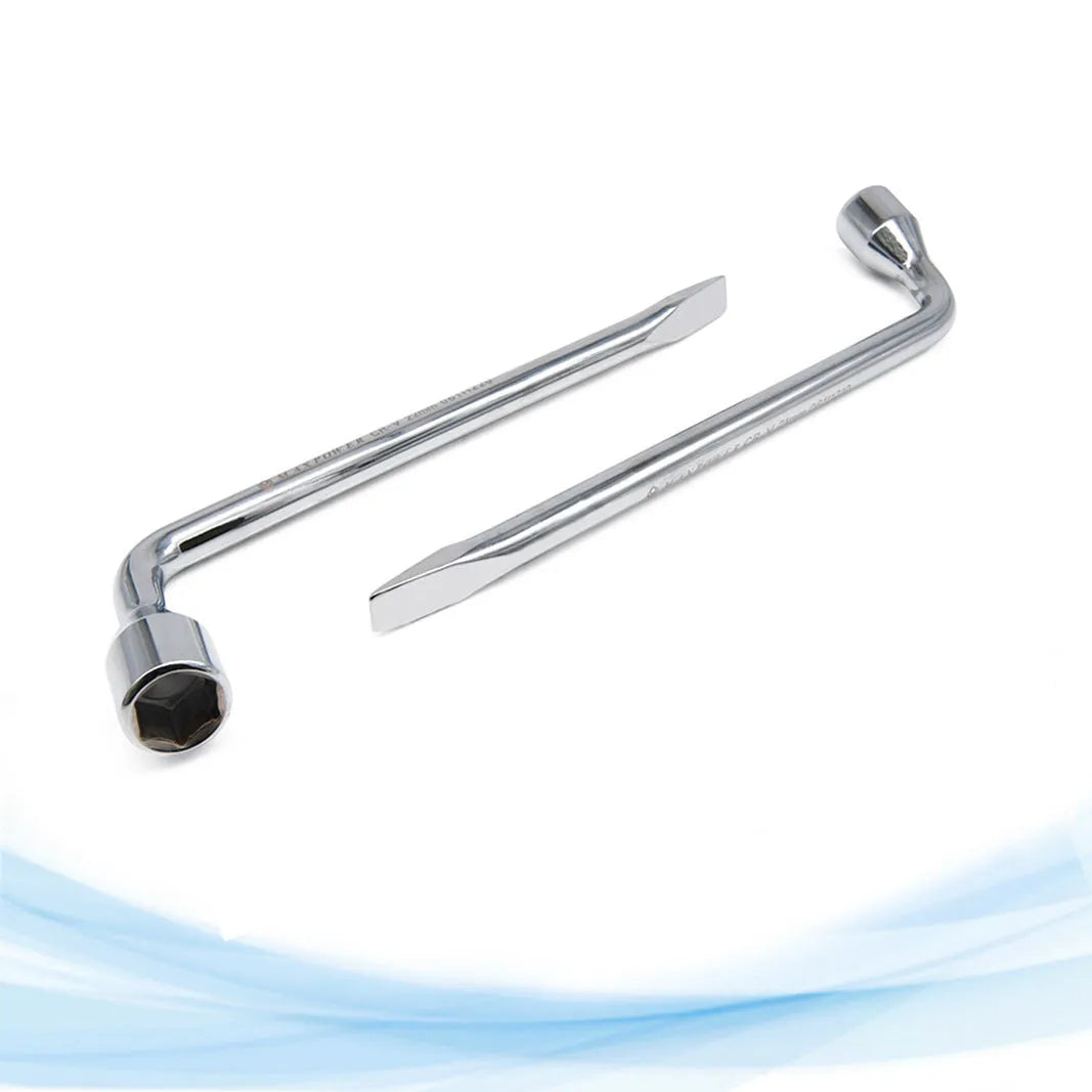 A single 19mm L-shaped steel socket wrench on a plain background.