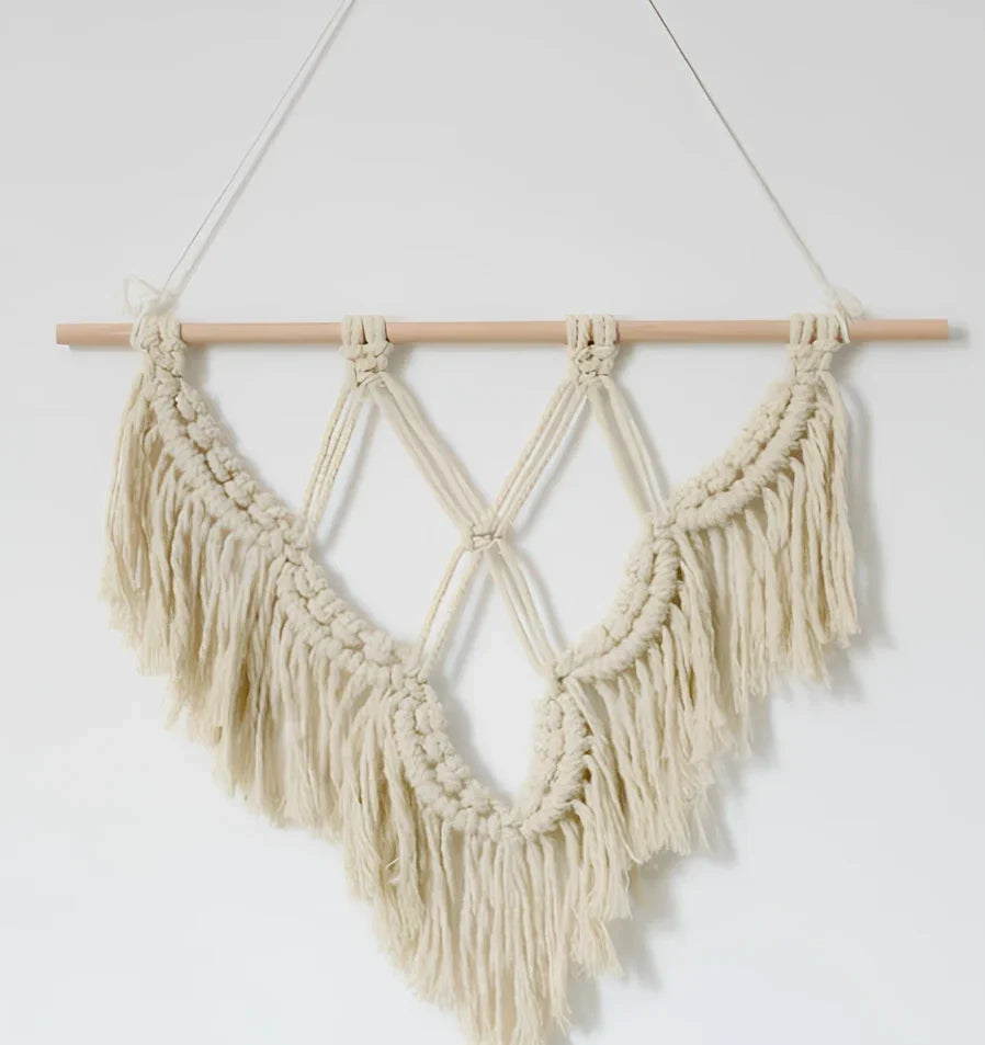 Handmade cotton macrame wall hanging measuring 40x50cm with natural cotton rope and bohemian knot design
