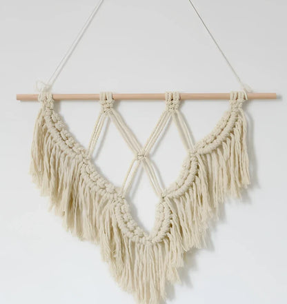 Handmade cotton macrame wall hanging measuring 40x50cm with natural cotton rope and bohemian knot design