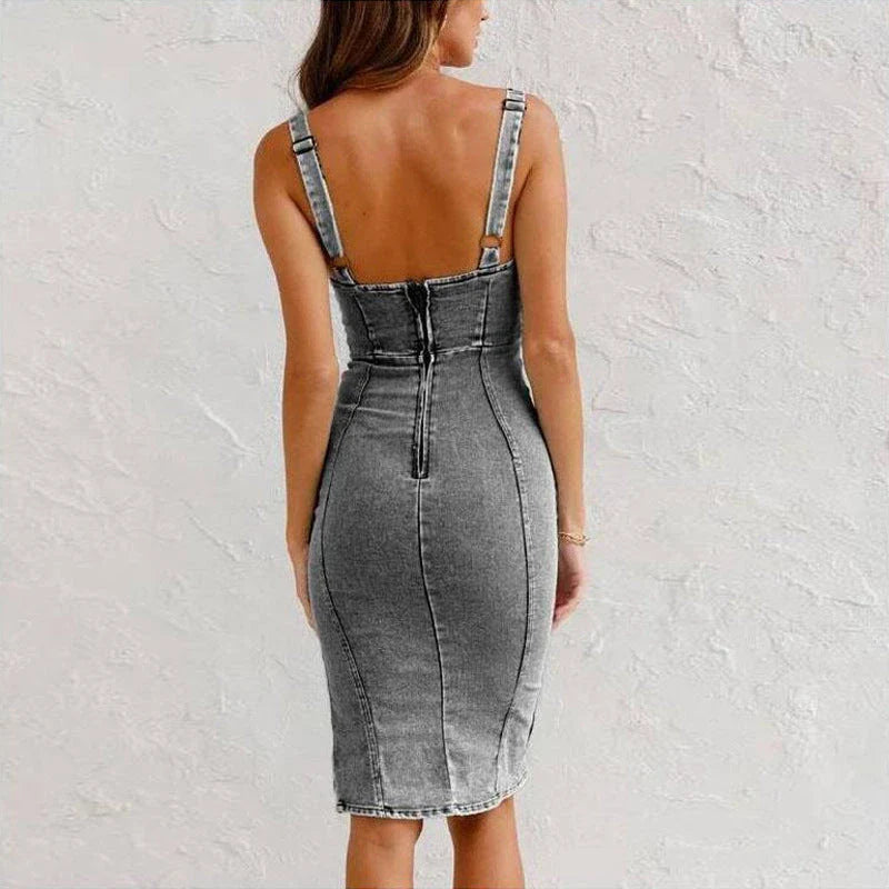 Stylish U-neck Suspender Denim Dress in Blue and Black Grey Colors with Slit Design for Casual Summer Wear