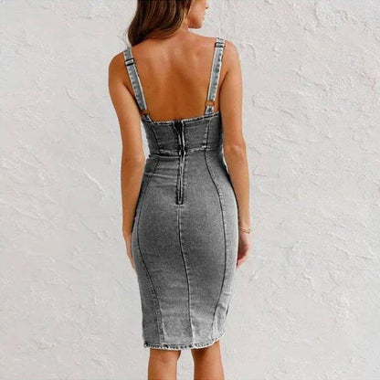 Stylish U-neck Suspender Denim Dress in Blue and Black Grey Colors with Slit Design for Casual Summer Wear