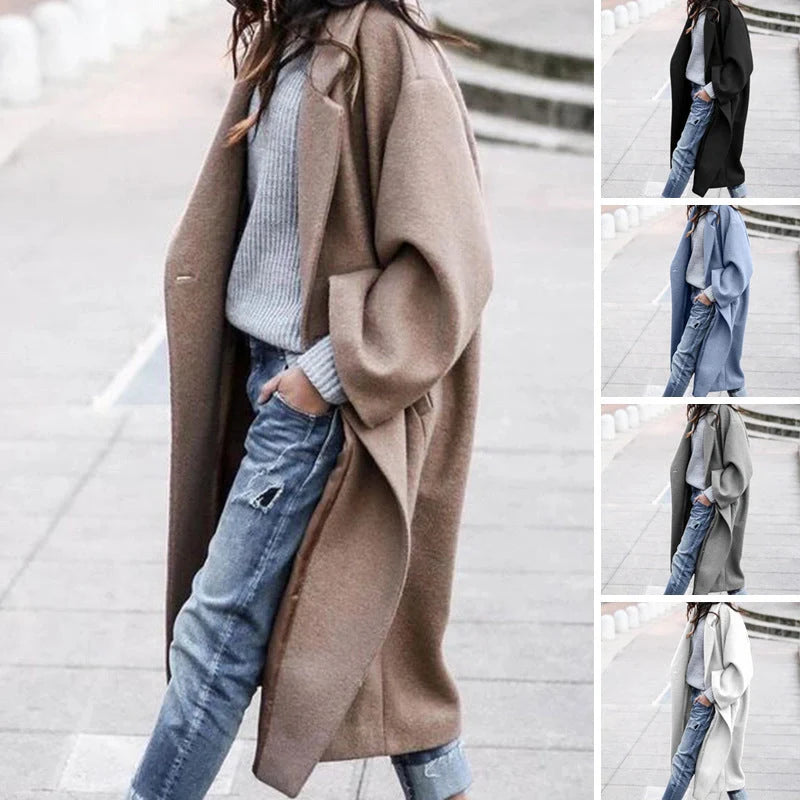 Women's solid color woolen coat with pockets for winter warmth