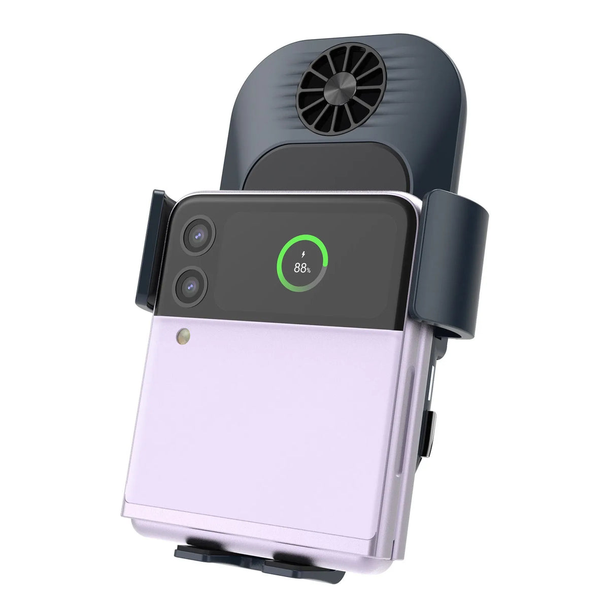 C35 colour car wireless phone charger holder mounted on a car air vent, showing automatic clamping arms.