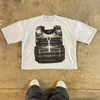 Printed cotton short sleeve t-shirt with drop-shoulder sleeves in retro street style, showing contrast colour design