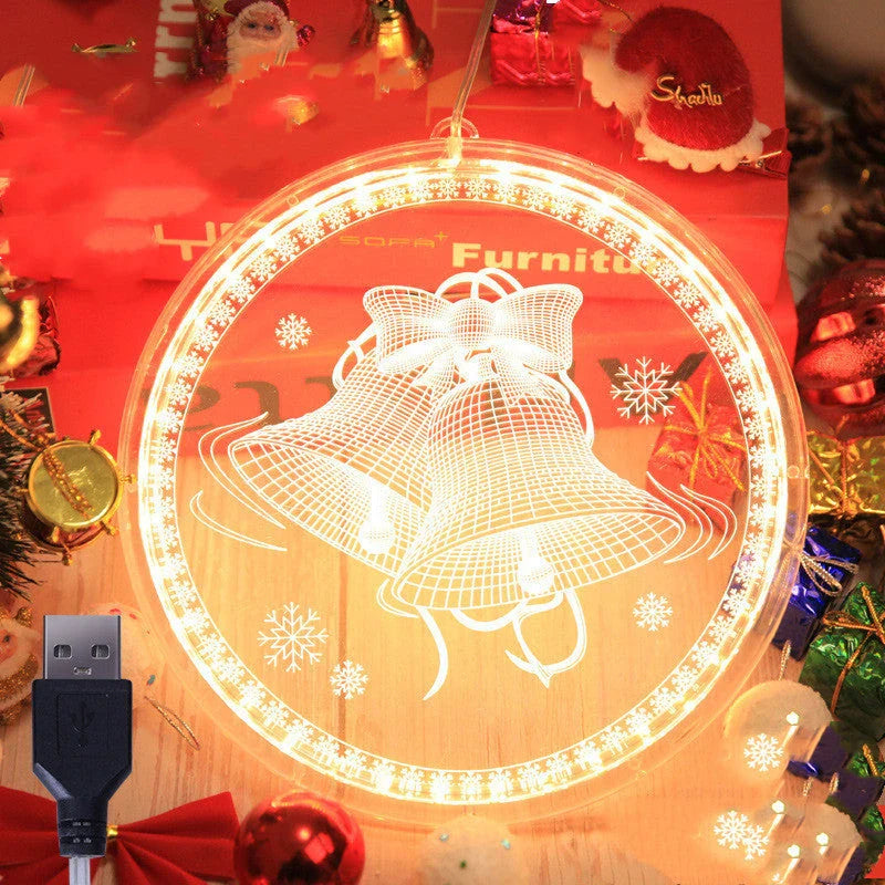 Elegant 3D hanging Christmas lamp with various festive designs, including bells, snowflakes, and Christmas trees.