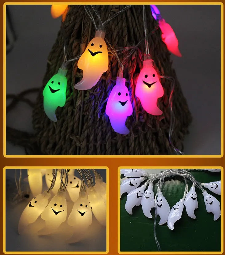 Halloween LED string lights with pumpkin, ghost and bat decorations on 1.2 metre battery-powered cord