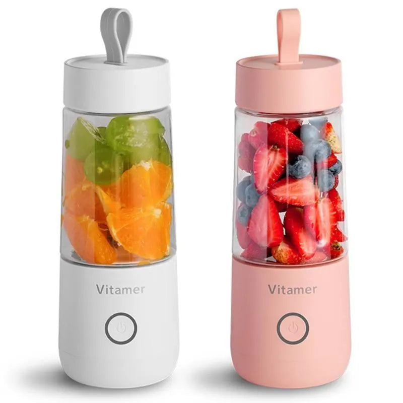 White portable USB rechargeable blender bottle with silicone carrying ring, 350ml capacity.