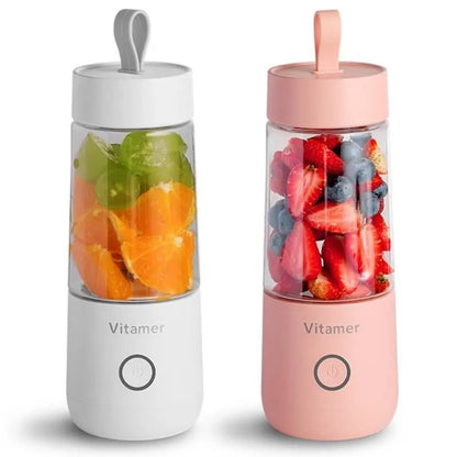 White portable USB rechargeable blender bottle with silicone carrying ring, 350ml capacity.