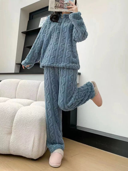 Twist zipper couple fleece-lined pajamas in various colors for winter warmth