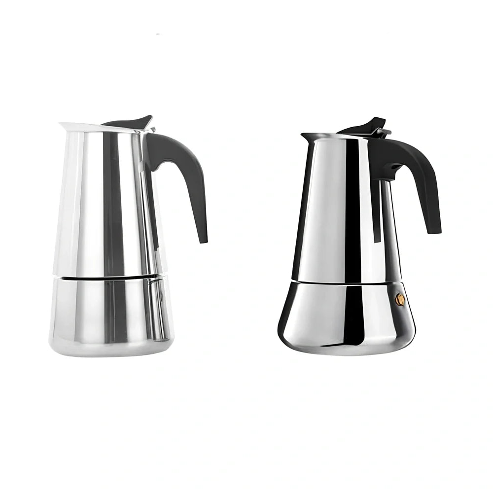 Moka coffee maker with plastic handle and stainless steel body in 100ML-450ML sizes