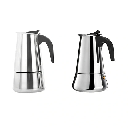 Moka coffee maker with plastic handle and stainless steel body in 100ML-450ML sizes