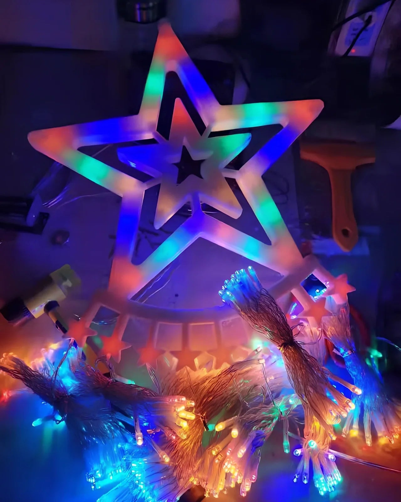 LED five-pointed star waterfall light, 1000mm length with 1000 lumens warm white glow for outdoor courtyard decoration, IP44 rated