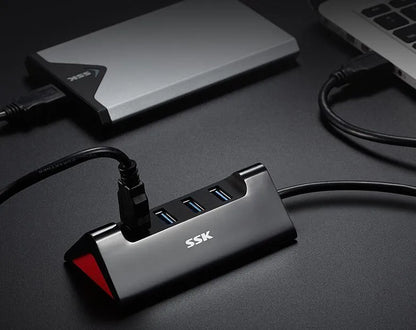 Black ABS plastic USB expansion dock with four USB ports and Micro USB power interface