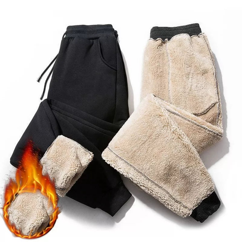 Men and women's black fleece drawstring pants for autumn and winter wear