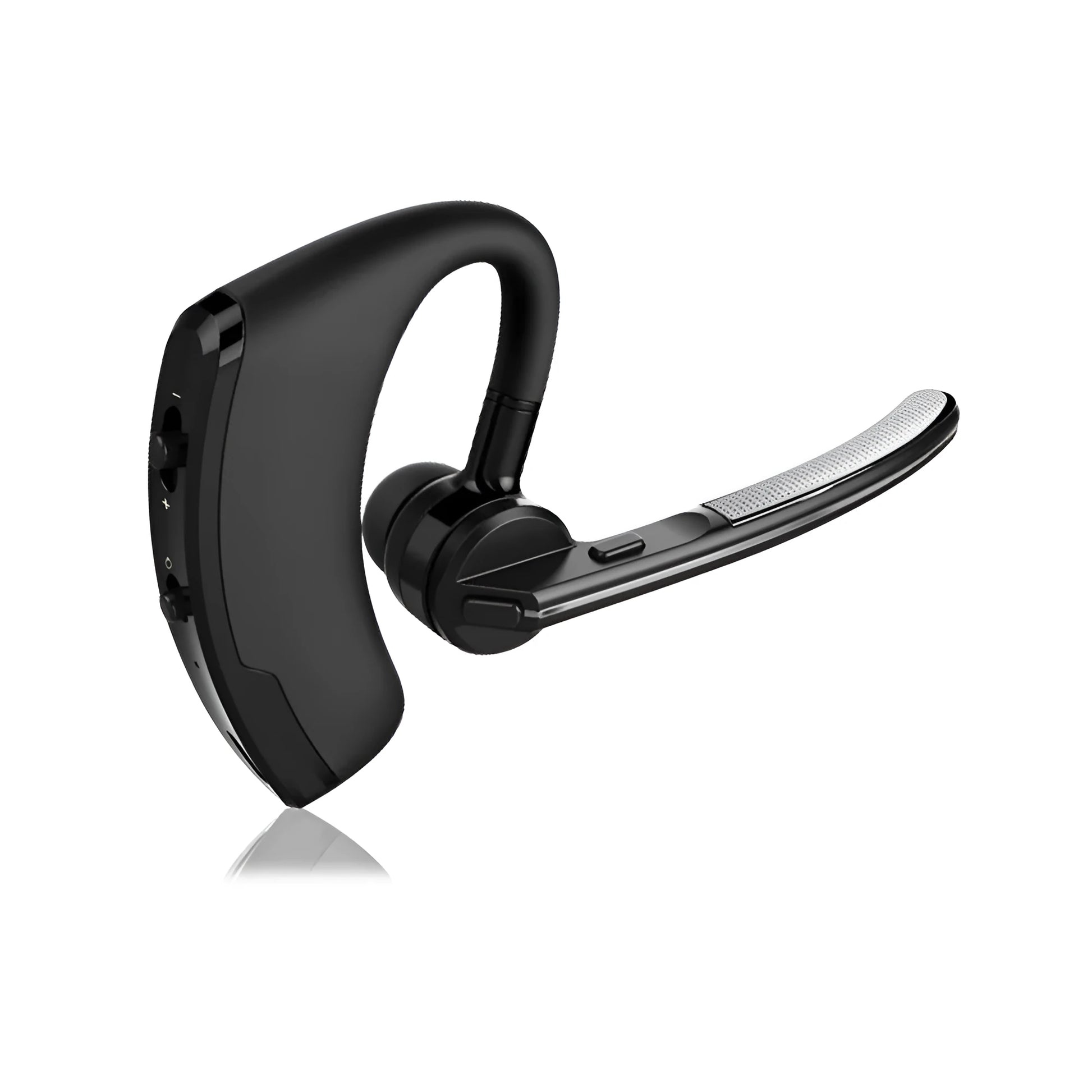 V9 Bluetooth wireless stereo headset with microphone shown in use for hands-free calling.