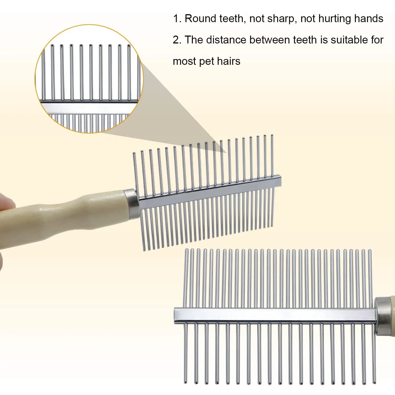 Wooden handle pet grooming comb with rounded needles for dogs and cats on a neutral background