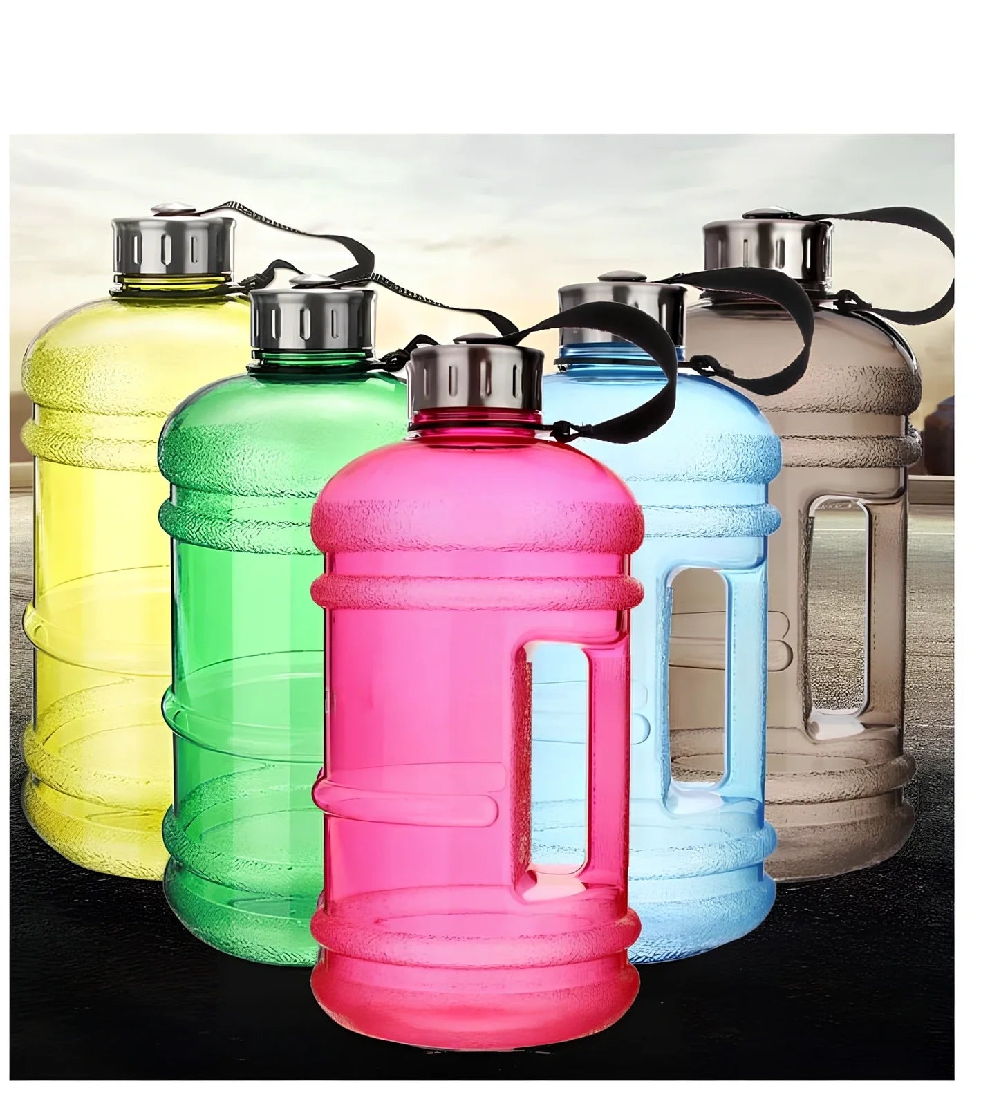 2-litre sports bottle in navy blue with white lid and ribbon connection, showing 13cm diameter and 27cm height dimensions