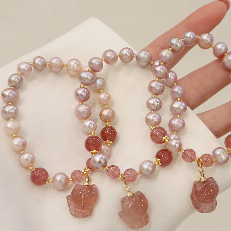 Women's natural freshwater pearl bracelet with light pink pearl and fox charm design, zodiac animal motif jewellery piece suitable for gift occasions such as travel commemoration, one bracelet per pack.