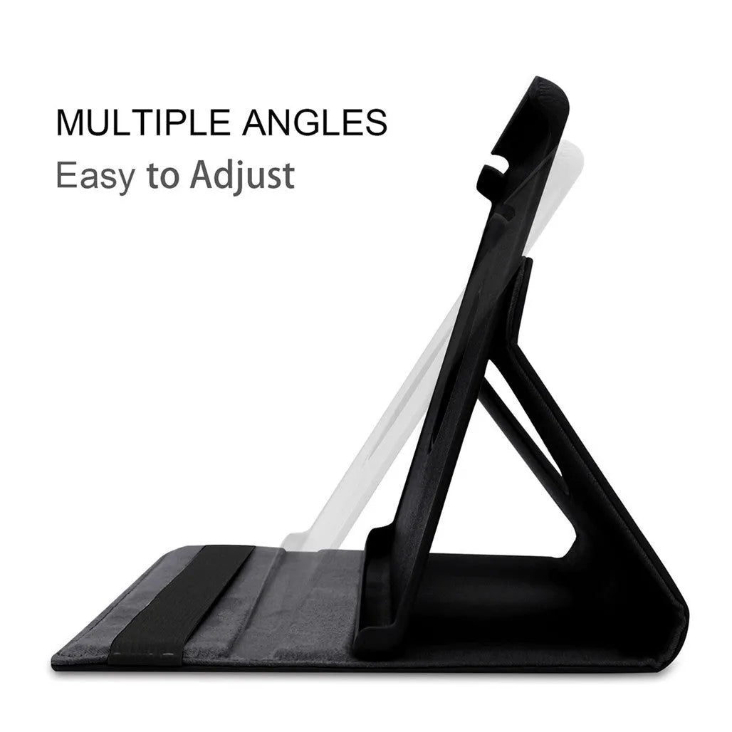 Imitation leather rotating clamshell sleeve case for iPad tablets in multiple colours.