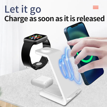 White 3-in-1 wireless charger with upright phone holder charging smartphone, earbuds, and smartwatch simultaneously