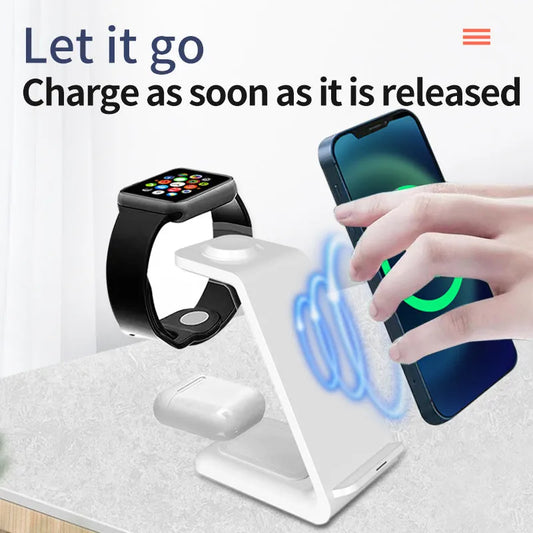 White 3-in-1 wireless charger with upright phone holder charging smartphone, earbuds, and smartwatch simultaneously