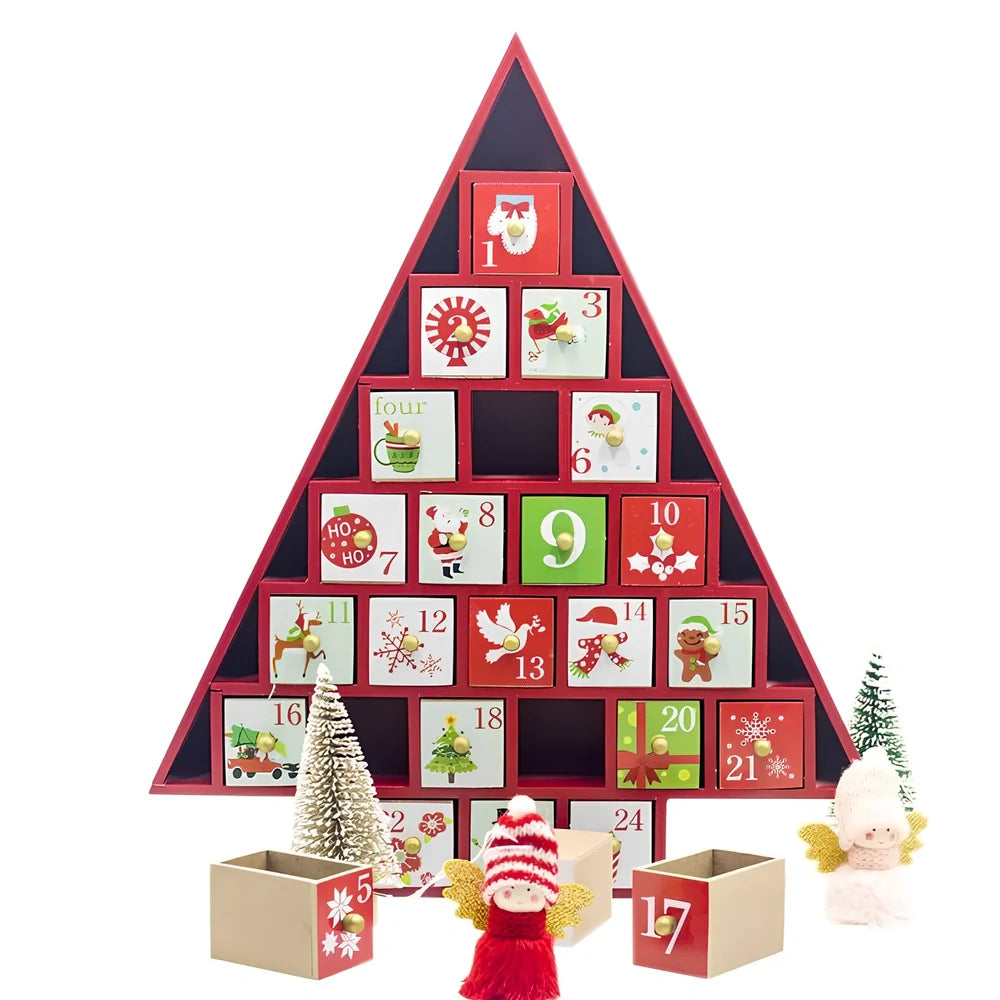 Wooden Christmas advent calendar with 24 numbered compartments in red and green colours measuring 37x32cm