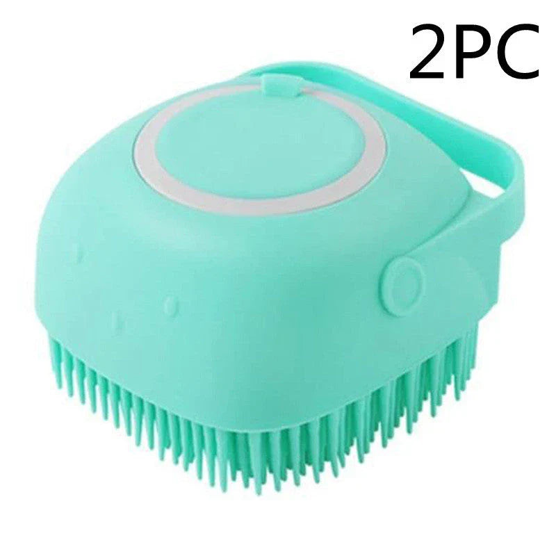 Silicone pet bath brush with shampoo dispenser, designed for gentle grooming and soothing massage