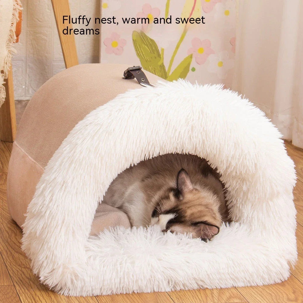 Cozy Canine Retreat: Portable Plush Pet Nest with Semi-Enclosed Design for Autumn and Winter