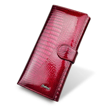 Wine red crocodile pattern genuine leather women's coin purse with pigskin lining.