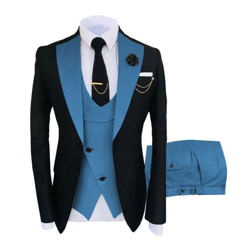 Men's slim fit business vest coat trousers suit in cotton fabric, available in 20 colour combinations and 12 sizes from XXS to 7XL, designed for weddings and spring/autumn wear with a light business style.