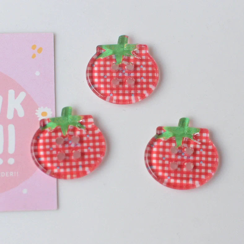 Tomato pattern buttons in five colours including cherry tomato printing and red plaid designs