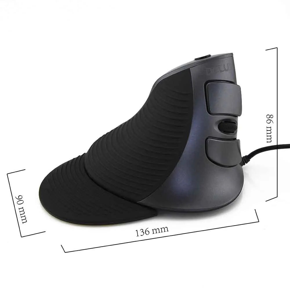 Black and white ergonomic vertical mouse with wired USB connection for desktop computers