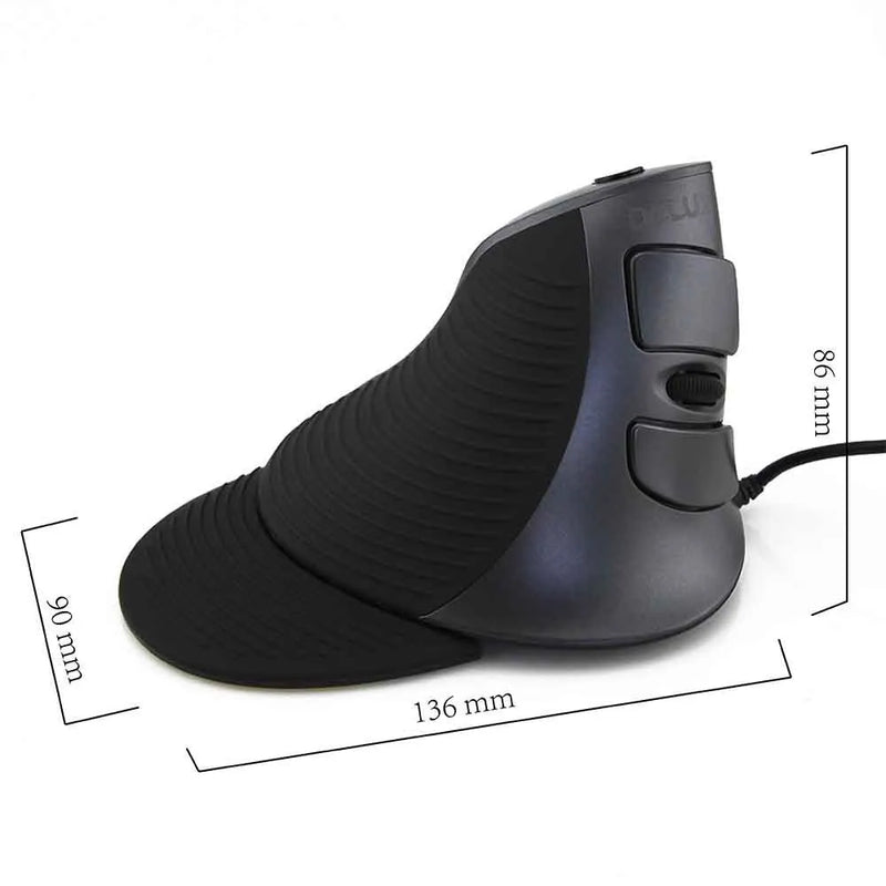 Ergonomic vertical mouse with wired optical connection for desktop computers, available in black and white colour options with rat size measurement of at least 120mm for comfortable hand positioning during extended computer use